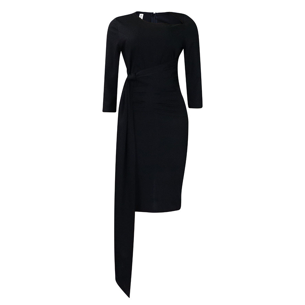 Dame elegant Midi-kjole med asymmetrisk snit og figursyet design Stilla