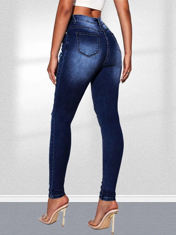 Dame højtaljede skinny jeans i den trendy destroyed-look med fashionable rifte detaljer Stilla