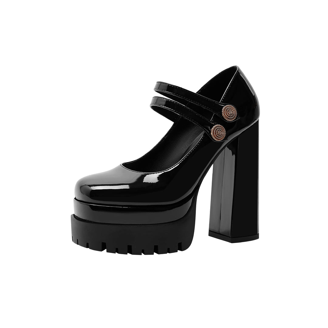 Femme Chunky Platform Mary Jane Hæle med Dobbeltrem og Dekorative Knapper Stilla