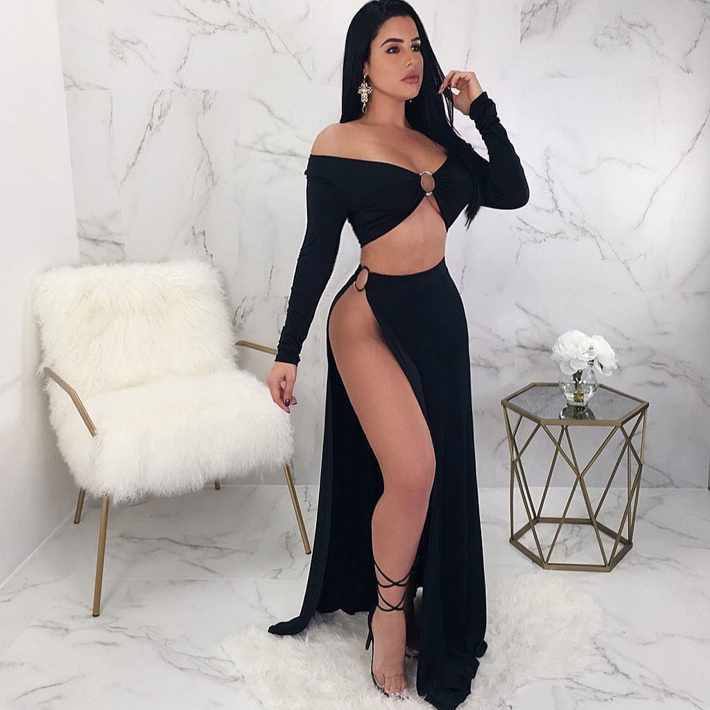 Dame Elegant Cut-Out Maxikjole med asymmetrisk snit og lange ærmer Stilla