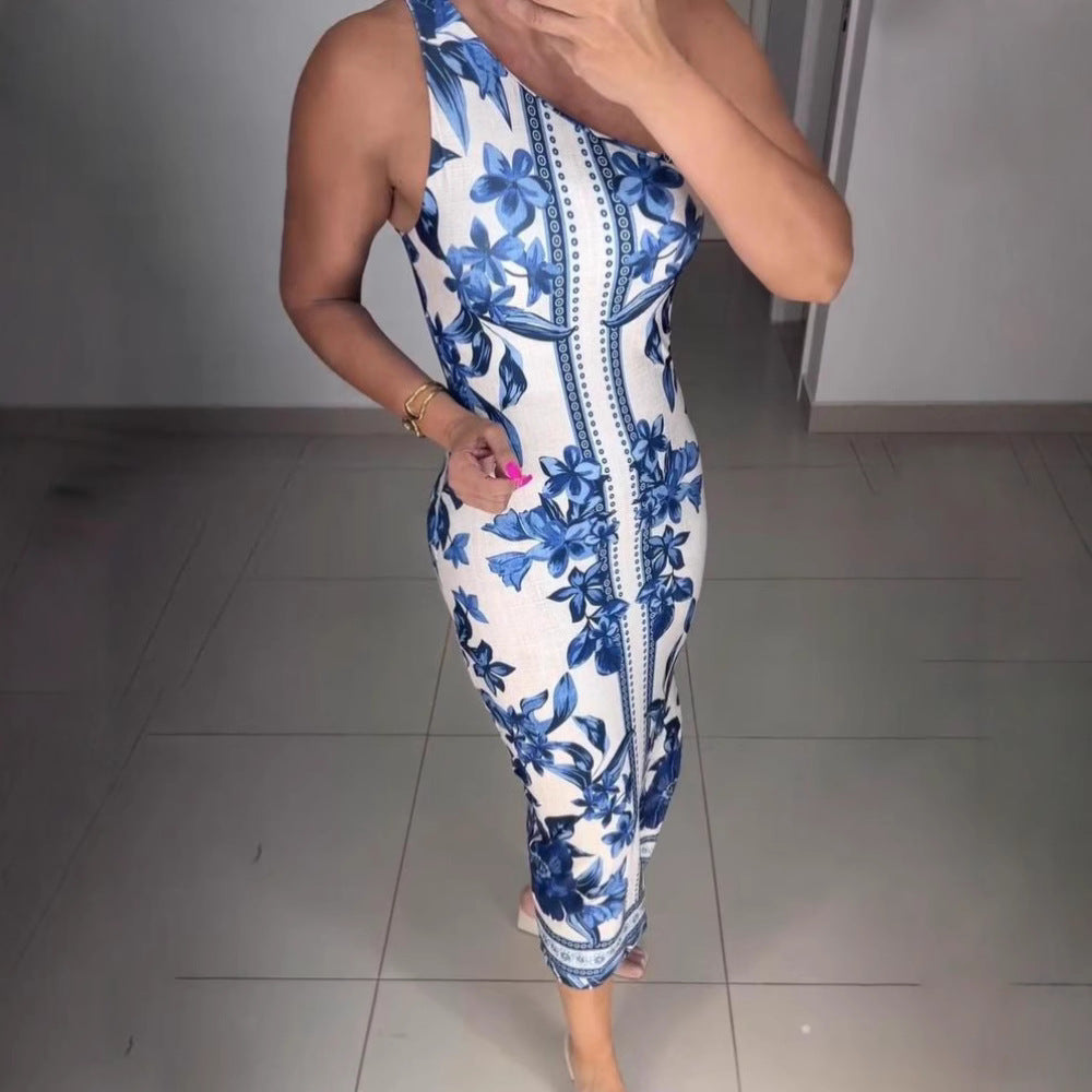 Dame elegant, ensidig skulderfri maxikjole med blomsterprint og sidesklit Stilla