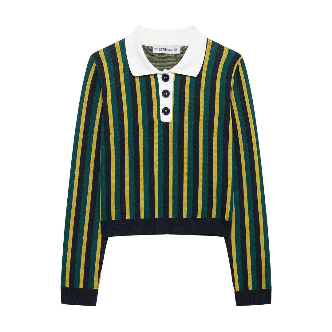 Femme Kort skåret stribet strik-Polo-sweater Stilla
