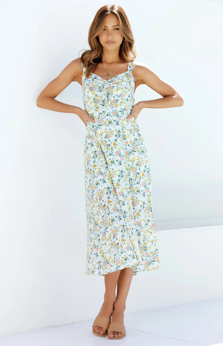 Dame Floral Sommer Midi Kjole med justerbare Spaghetti-stropper Stilla