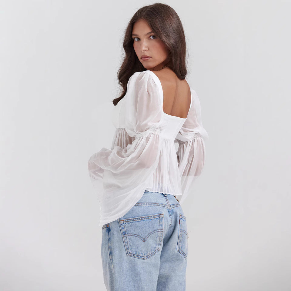 Dame Crop Bluse med Puffærmer Skovae