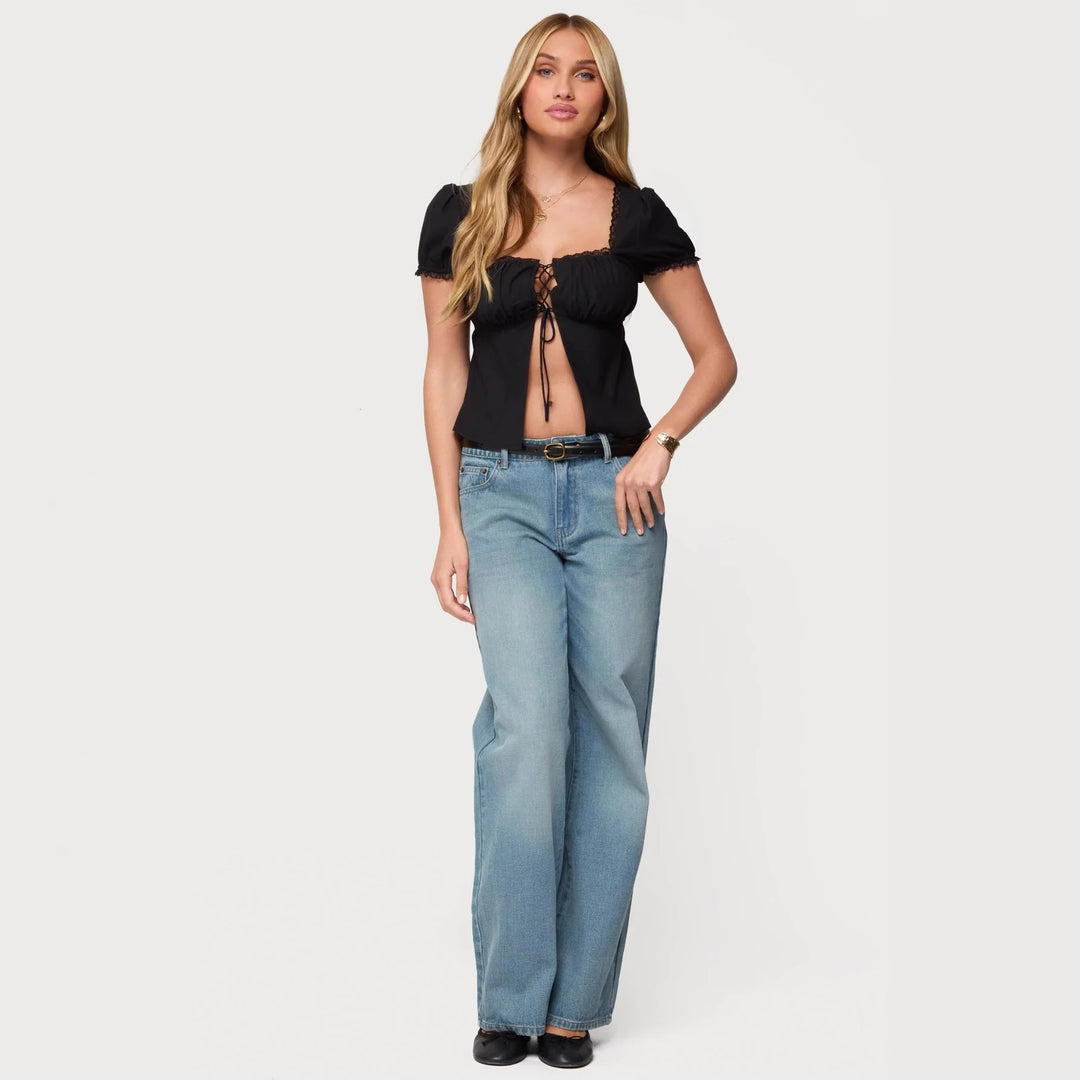 Dame Crop-top med spidsedetalje og snøredetalje Skovae