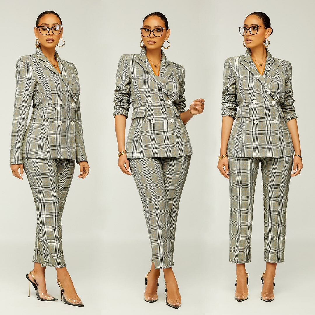 Dame Elegant To-delt Blazer-sæt med ternet mønster Stilla