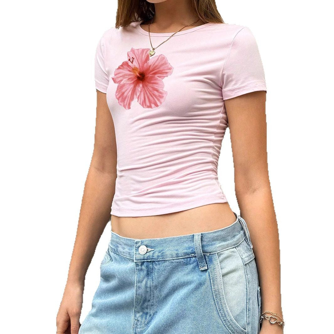 Dame Figurtilpasset Kortærmet T-shirt med livligt Hibiscus-motiv Skovae