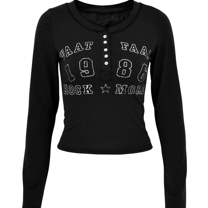Dame Langærmet T-shirt med moderigtig print og knaplukning Skovae