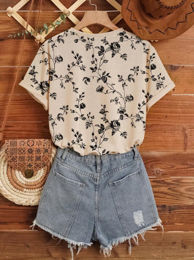 Dame T-shirt med blomsterapplikationer og rund halsudskæring Stilla