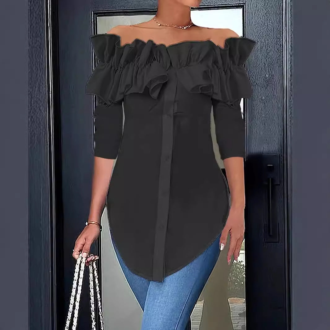 Damebluse med voluminøse flæsedetaljer Stilla