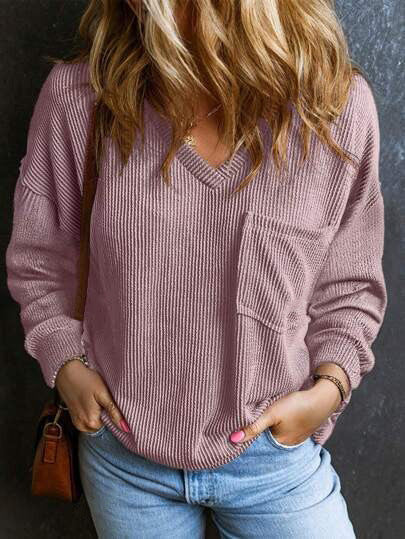Dame afslappet V-hals sweater med struktur og brystlomme Stilla