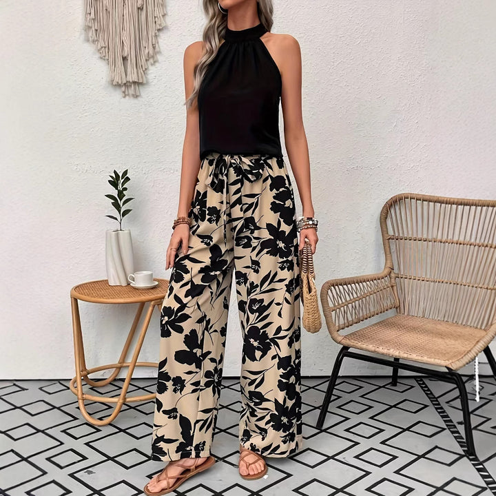 Dame bred blomsterbukser med elastisk talje og sidelommer Stilla