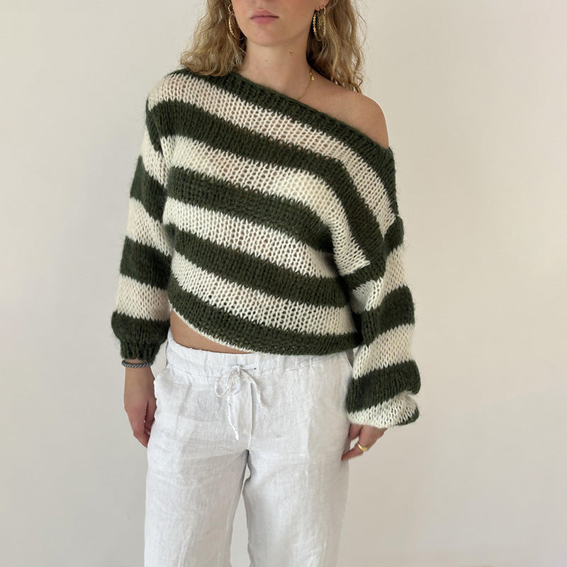 Dame afslappet strikket sweater med asymmetrisk snit og stribemønster Stilla