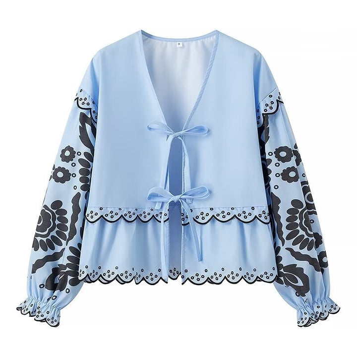 Dame let bluse med blomsterprint og taljebind Stilla