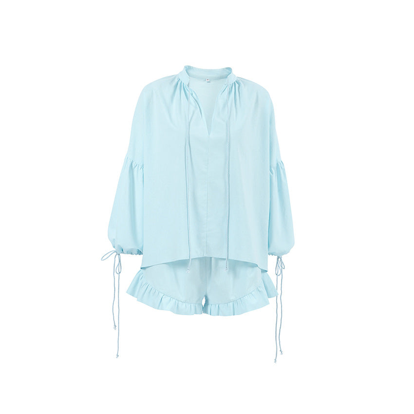 Dame luftig linned-short- og bluse-sæt med elegante flæsedetaljer Stilla