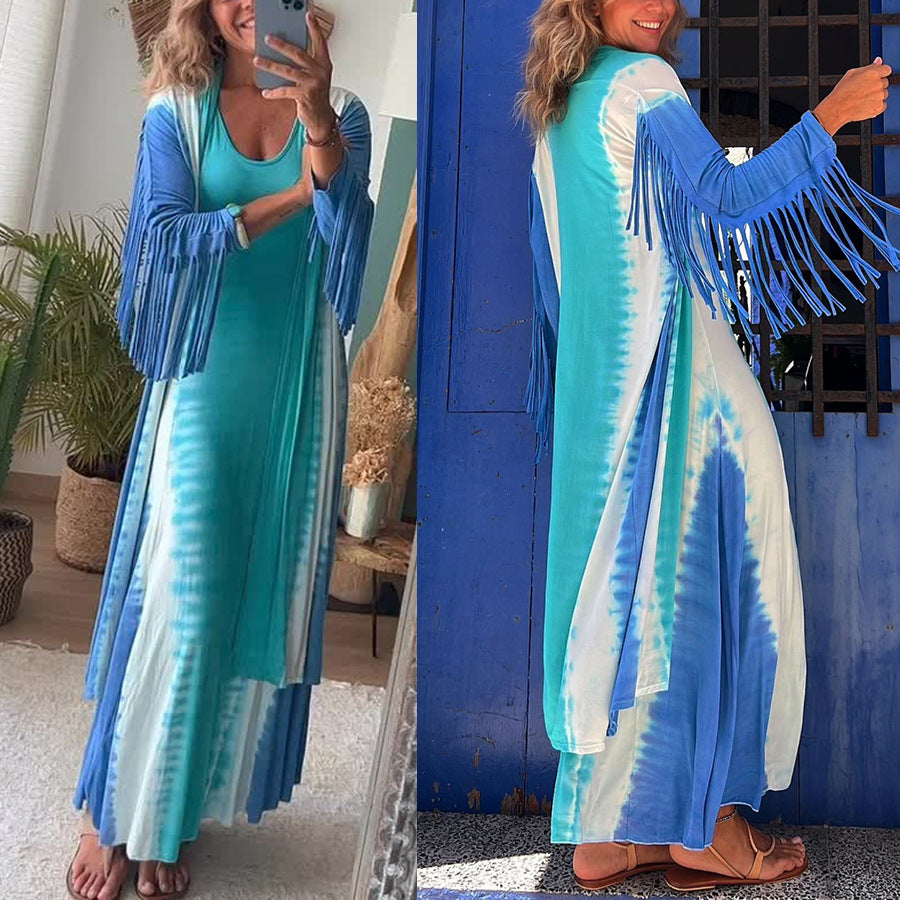 Dame kaftan kjole med frynset ærmer og dyb farvegradient Stiila