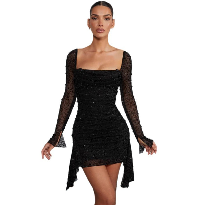 Dame Elegant Minikjole med glitrende perler og asymmetrisk kant Stilla