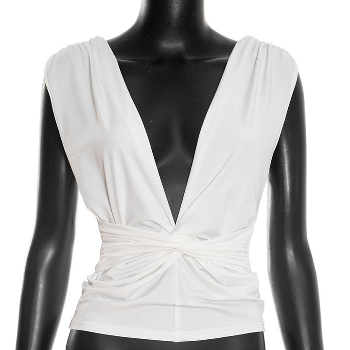 Dame wrap-top med dyb V-udskæring og elegant knudedetalje Skovae