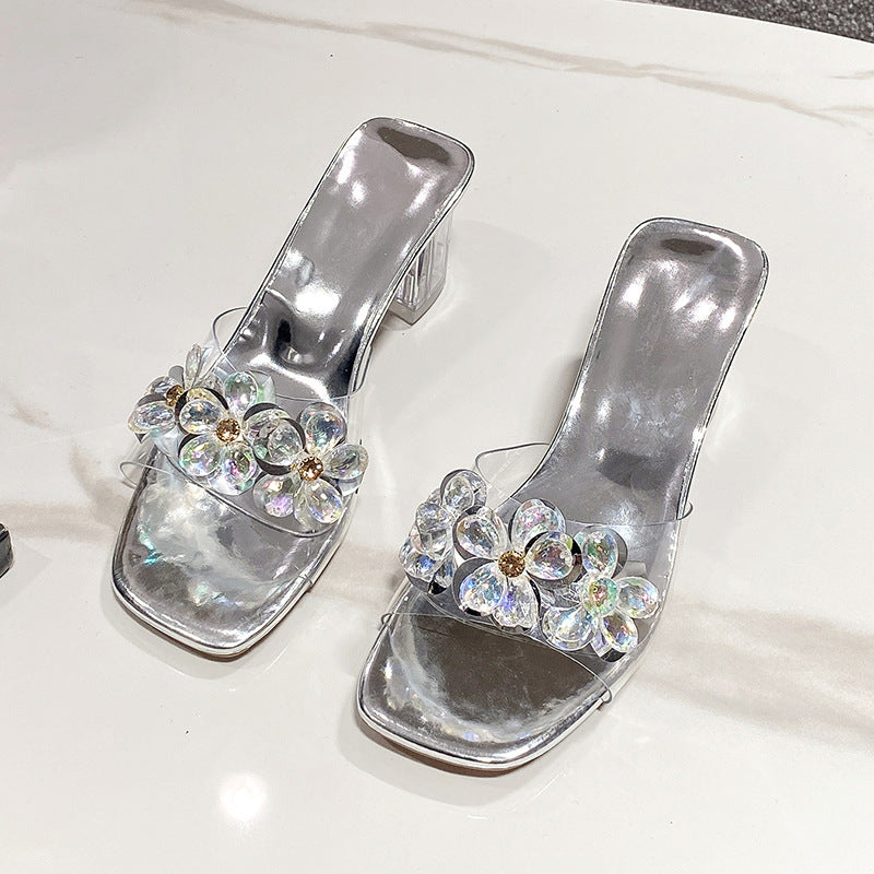 Dame Mode Sandaler med glitrende blomsterapplikationer og elegant blokhæl Stilla