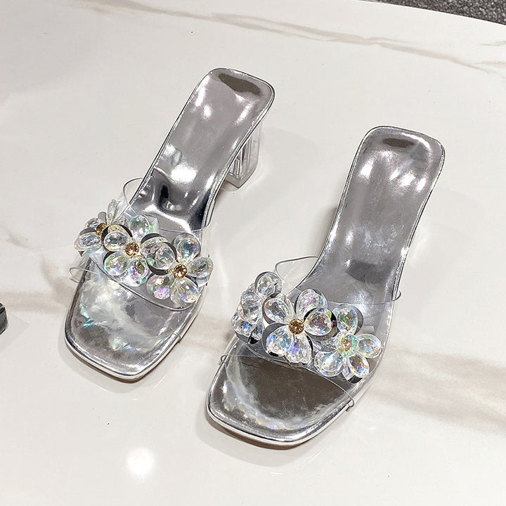 Dame Mode Sandaler med glitrende blomsterapplikationer og elegant blokhæl Stilla