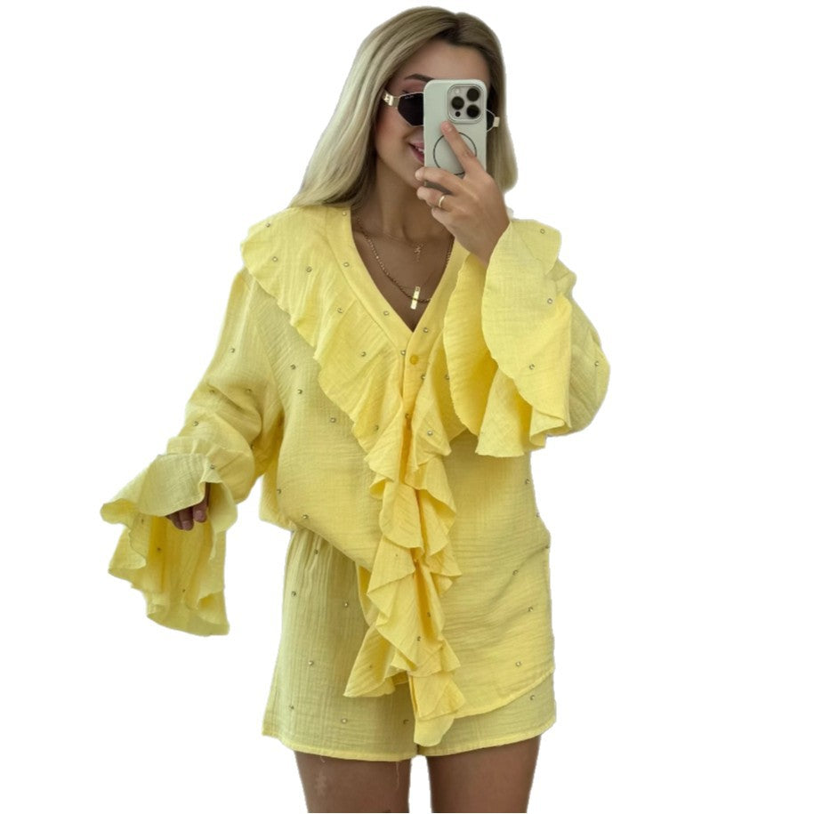 Damer Legesyg og elegant Flæsebluse-Shorts-Sæt Stilla