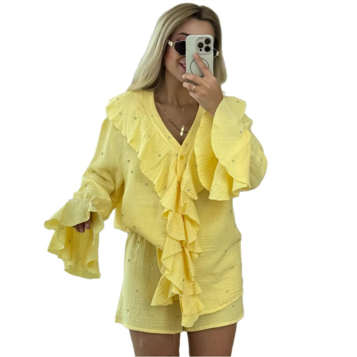 Damer Legesyg og elegant Flæsebluse-Shorts-Sæt Stilla