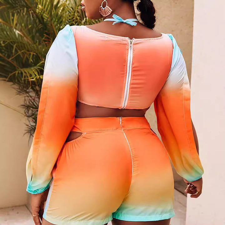Dame crop top med off-shoulder ærmer og farvegradient design Skovae