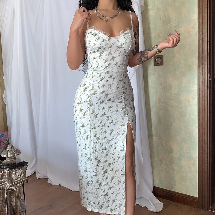 Dame blomstertrykt midi-kjole med elegant split Skovae
