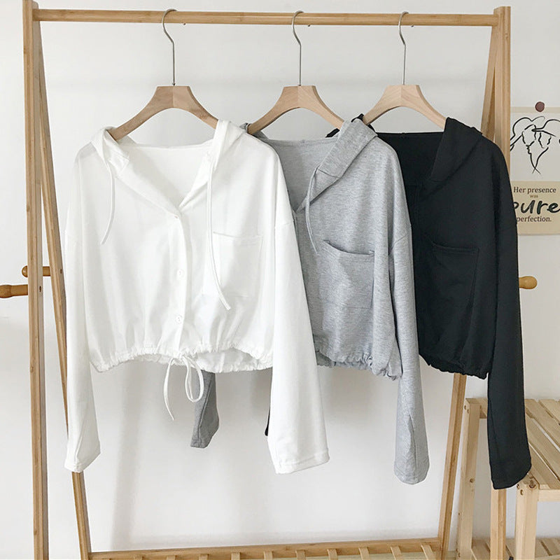 Damer Polstret Button-Up Hoodie med Snøre Stilla
