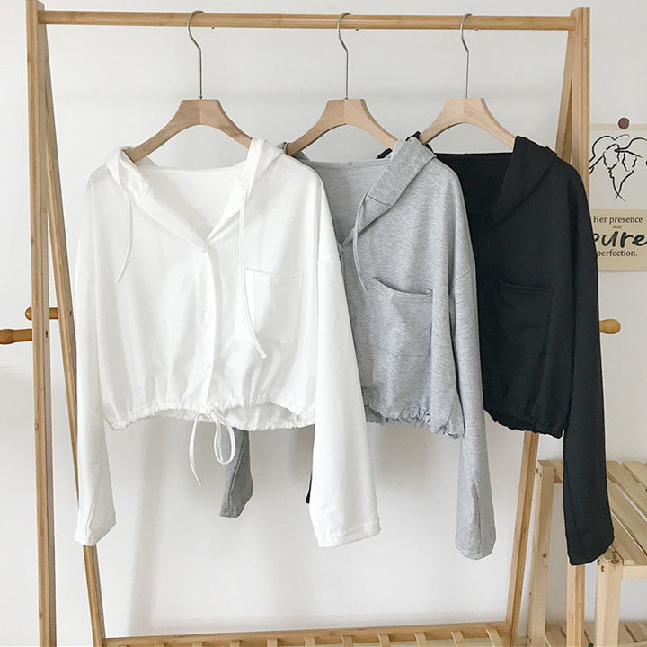 Damer Polstret Button-Up Hoodie med Snøre Stilla