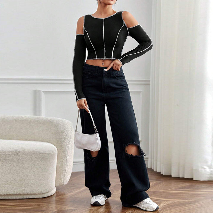 Kvindernes cropped langærmet skjorte med udskårne detaljer og fashionable kontrast Stilla
