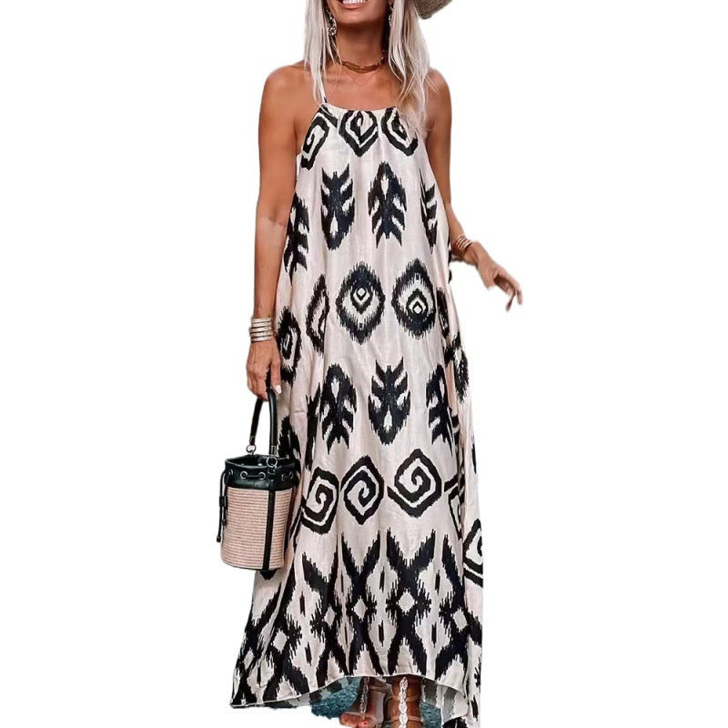 Femme Bohemian Maxi Kjole med justerbare spaghetti stropper Stilla