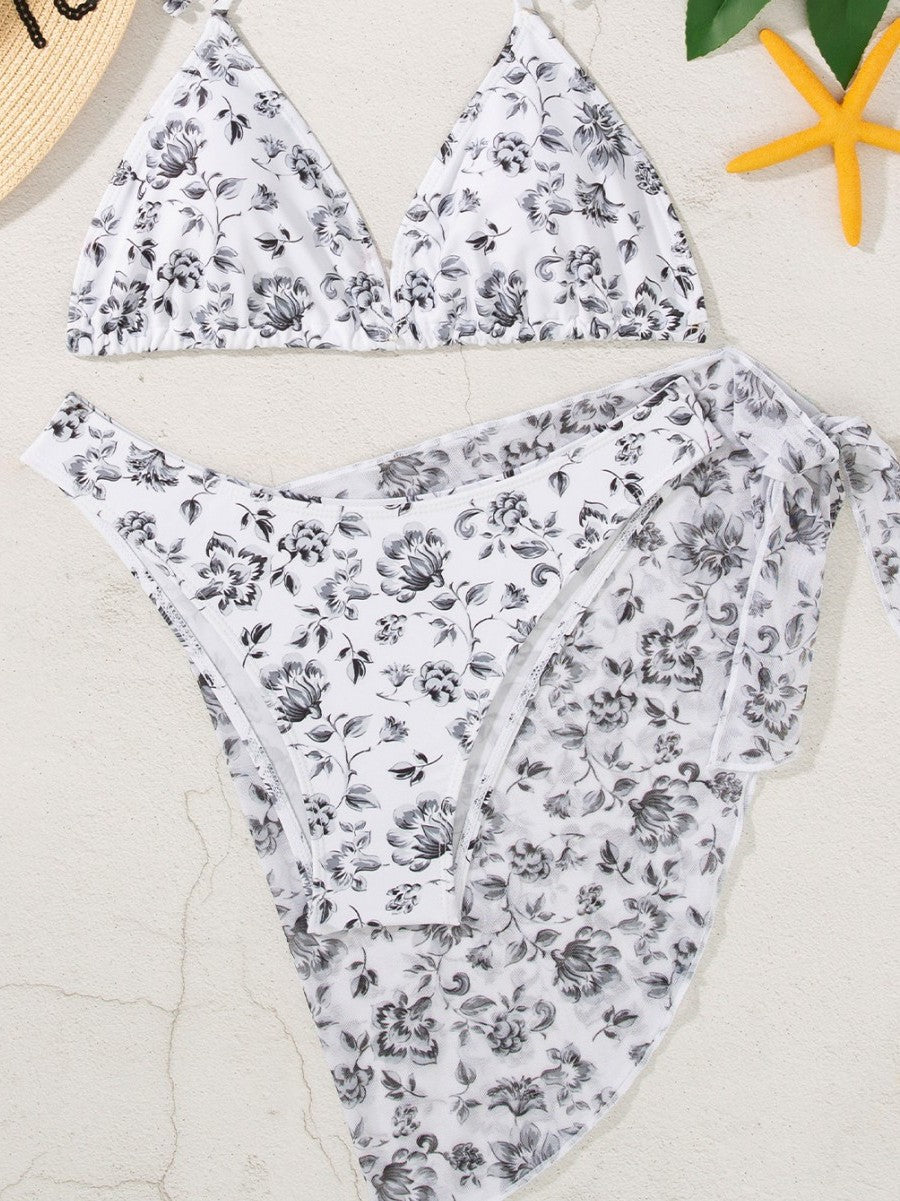 Dame Floral Print Tie-Side Bikini Sæt med gennemsigtigt Wrap-Top Stilla