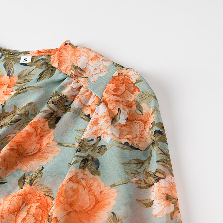 Dame Legende V-hals kjole med voluminøse ærmer og floralt design Stilla