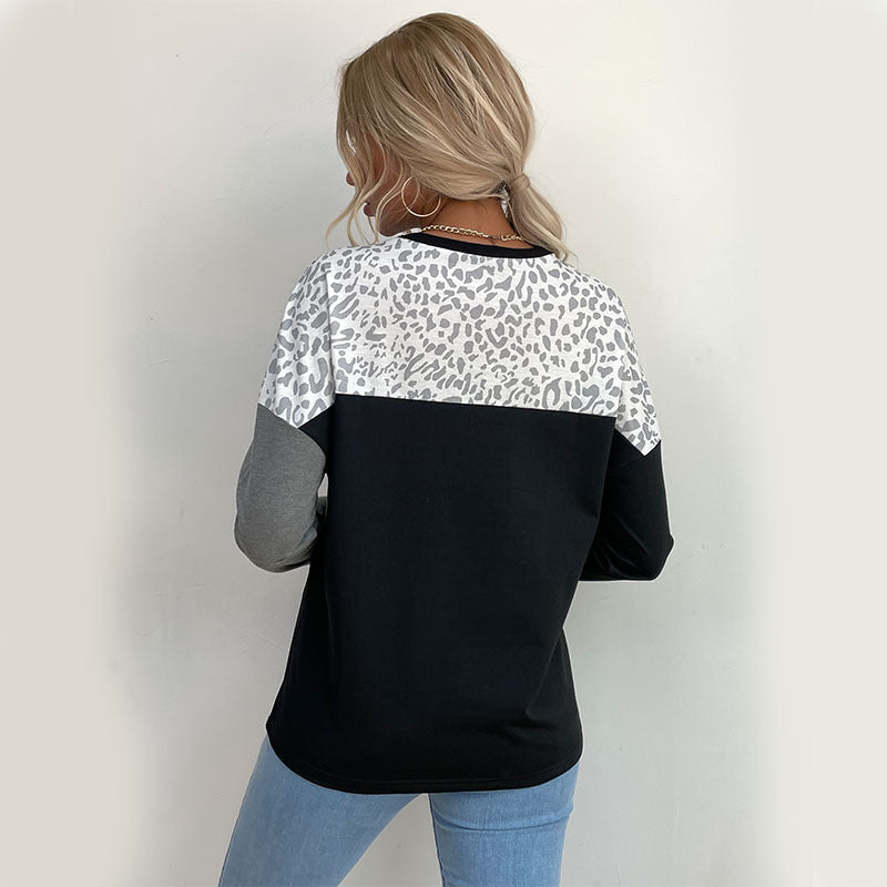 Kvinders fashionable langærmet skjorte med kreativ leopardprint og blokstriber Stilla