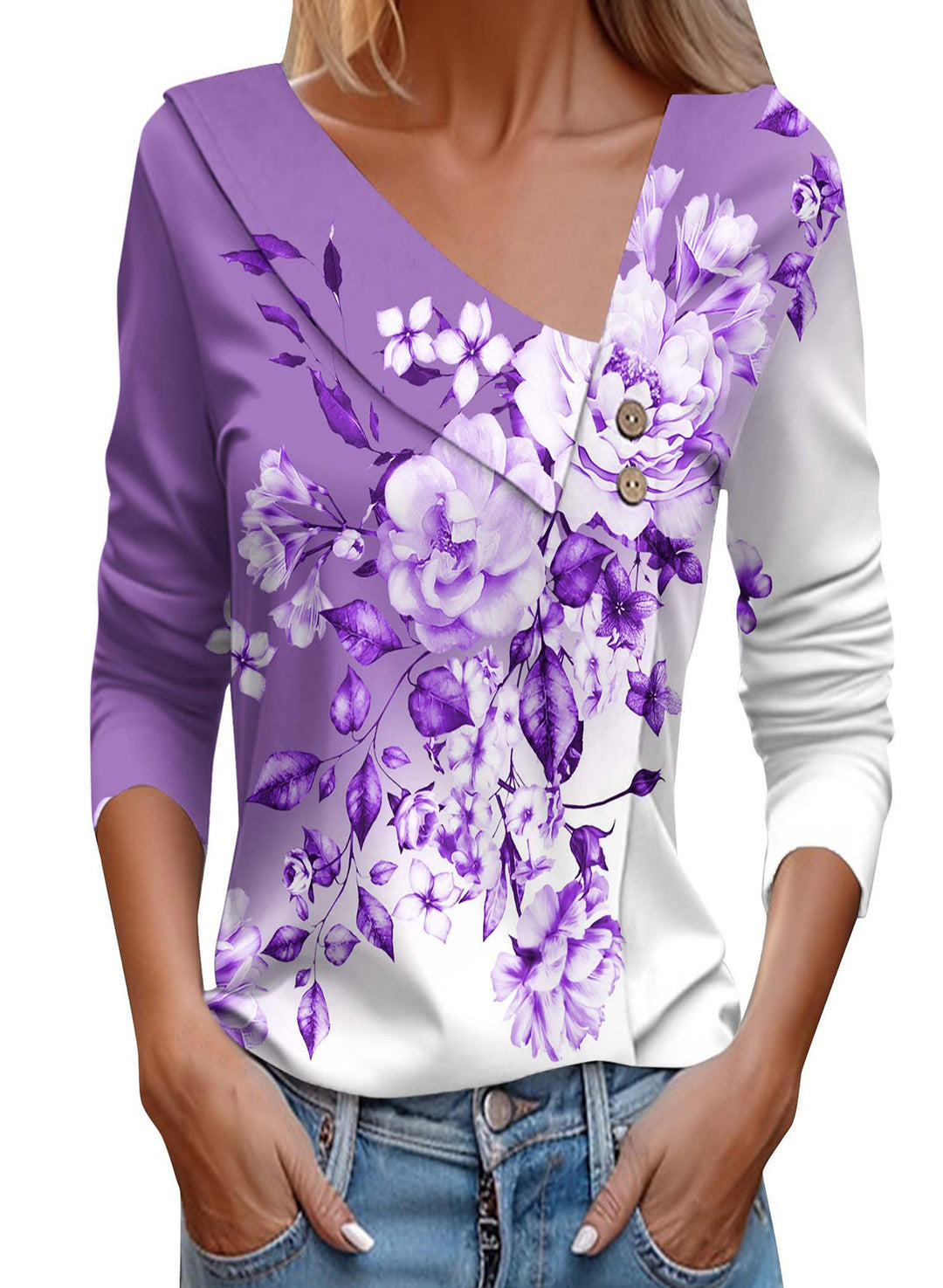 Dame Bluse skjorte med floral applikation og moderne knapdetaljer Stilla