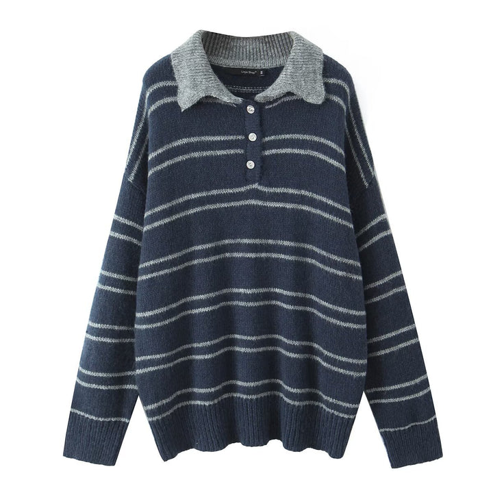 Kvinders afslappet sweater med kontrasterende krave og moderne striber Stilla