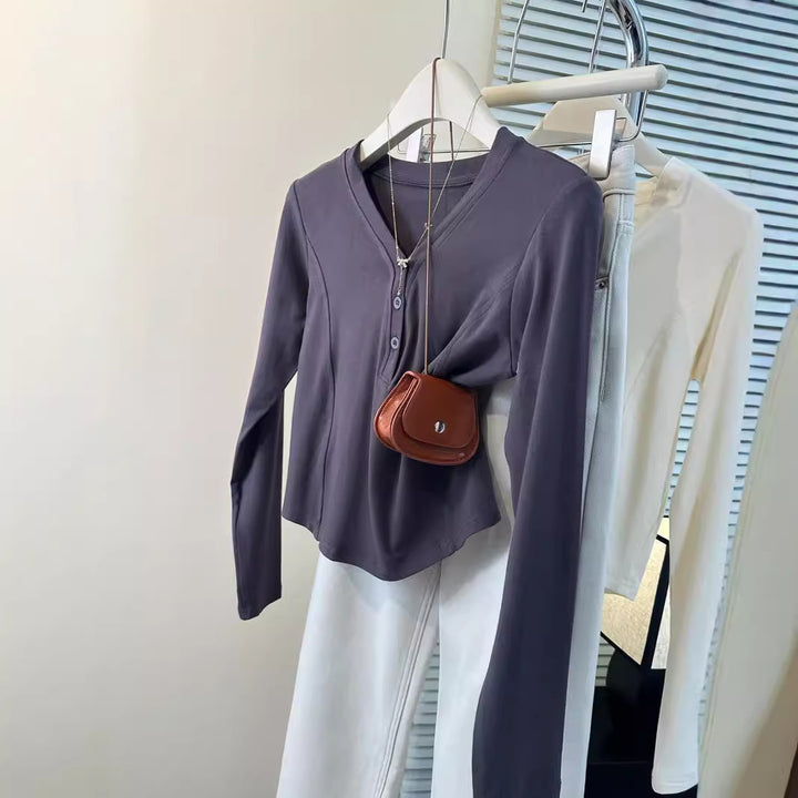 Femme Stilfuld Langærmet Knap-Henley- Top Stilla