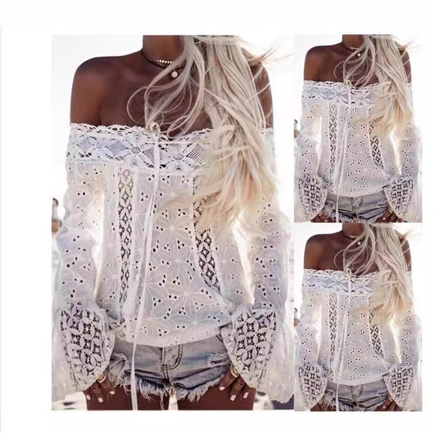 Damebluse med off-shoulder-design og filigran hæklede mønster Stilla