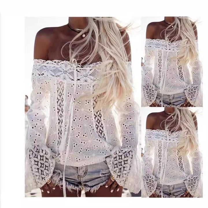 Damebluse med off-shoulder-design og filigran hæklede mønster Stilla