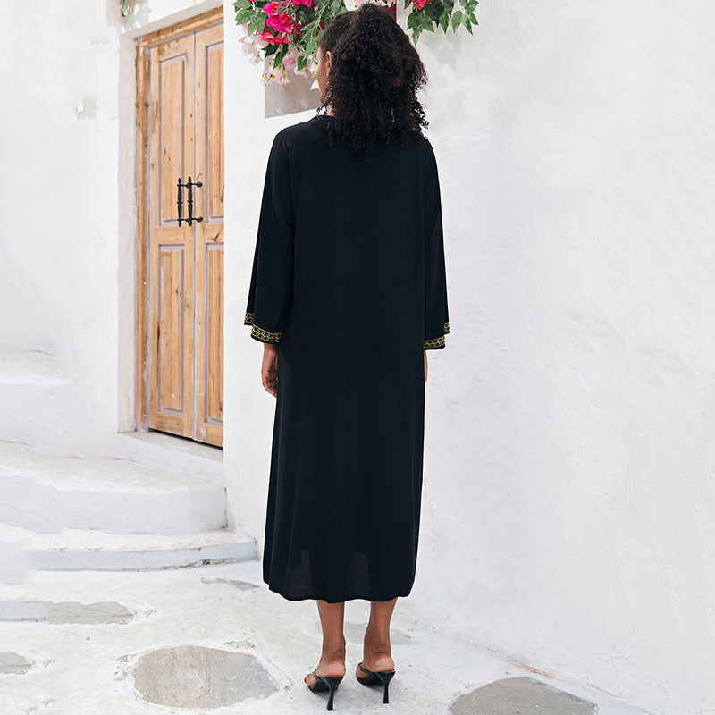Dame elegant Maxikjole med kunstneriske broderier og sidelommer Stilla
