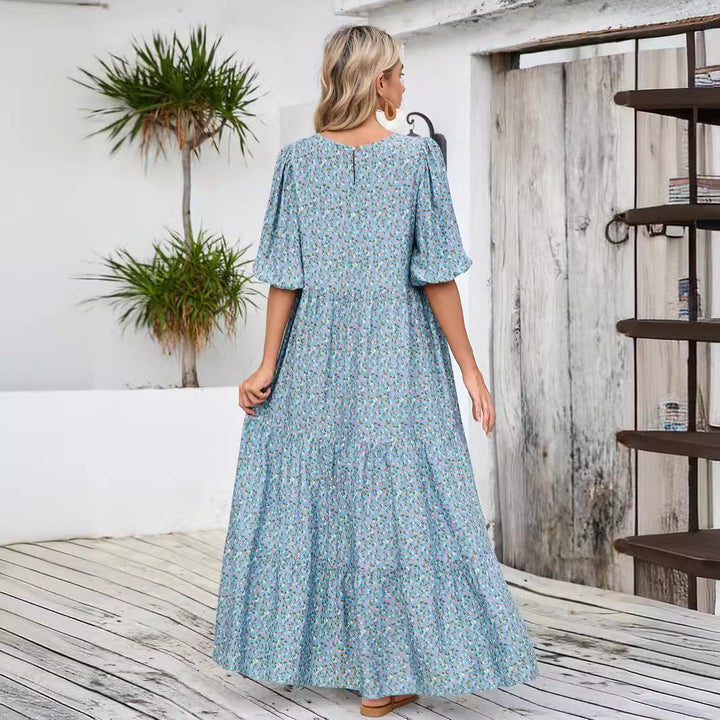 Dame Floral Lagdelt Maxikjole med Puffærmer Stilla