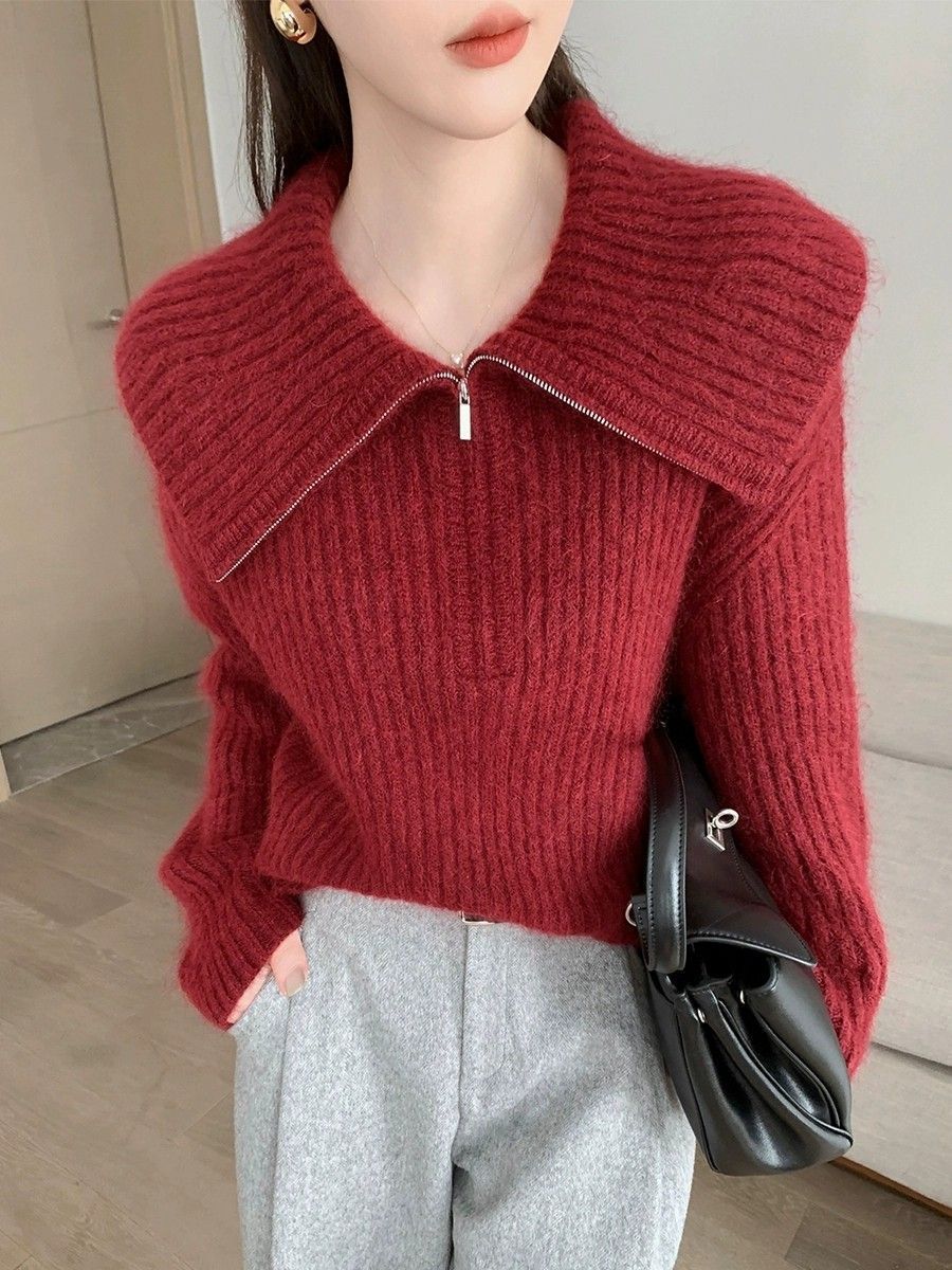 Kvinders strikket sweater med stor krave og lynlås Stilla