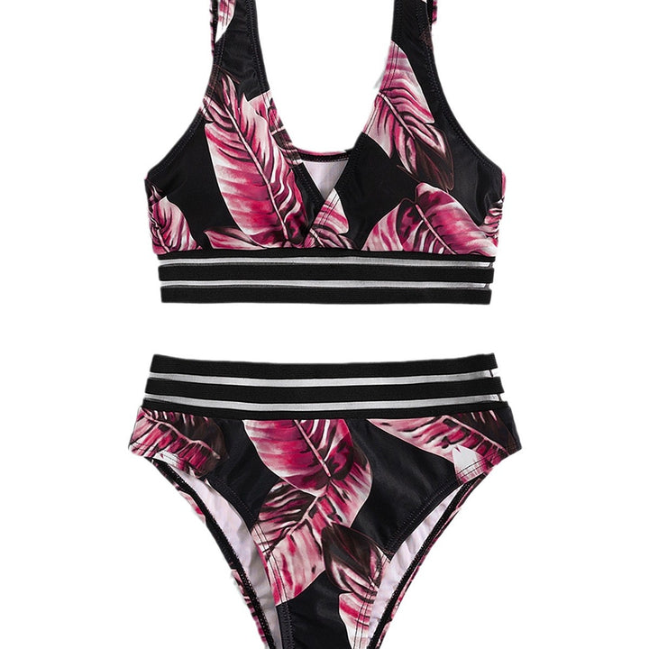 Dame Højskåret Bikini-Sæt med floral bladmønster og sporty design Stilla