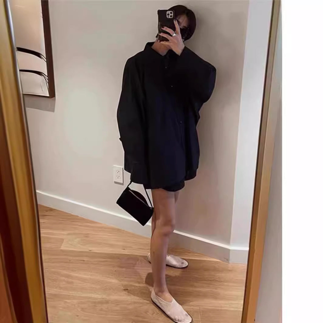 Dame oversized skjorte bluse med klassisk krave og sidelomme Stilla