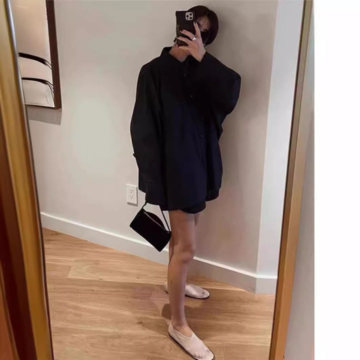 Dame oversized skjorte bluse med klassisk krave og sidelomme Stilla