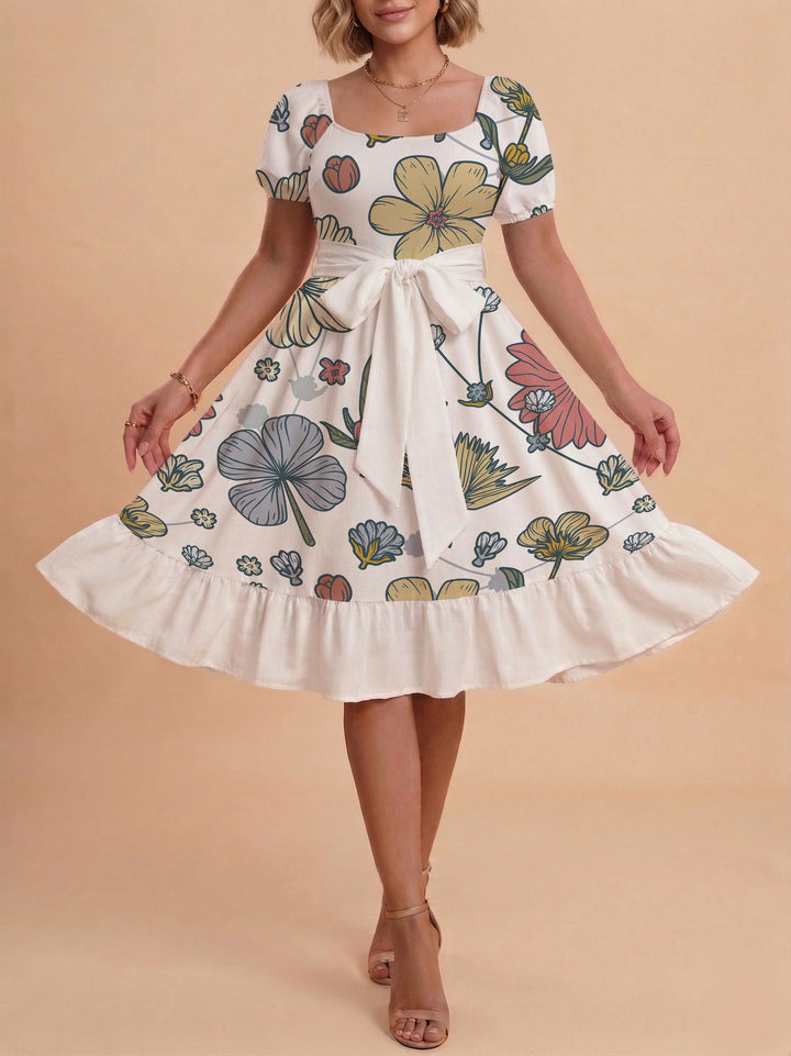 Dame Midi Kjole med elegant blomsterprint og figursyet bælte Skovae