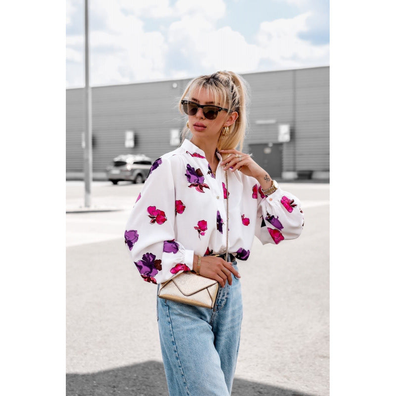 Damer blomster mønster knap-bluse Stilla 1750652785