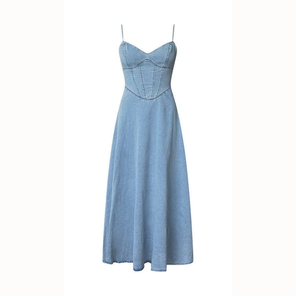 Kvindernes denim maxikjole med elegant snit og spaghetti stropper Stilla