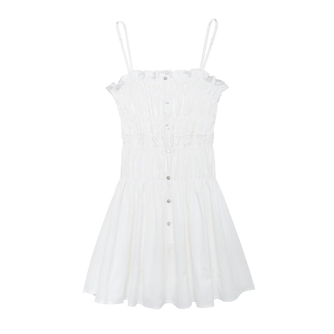 Femme Gestufte Smocked Mini Kjole med justerbare Spaghetti-stropper Stilla